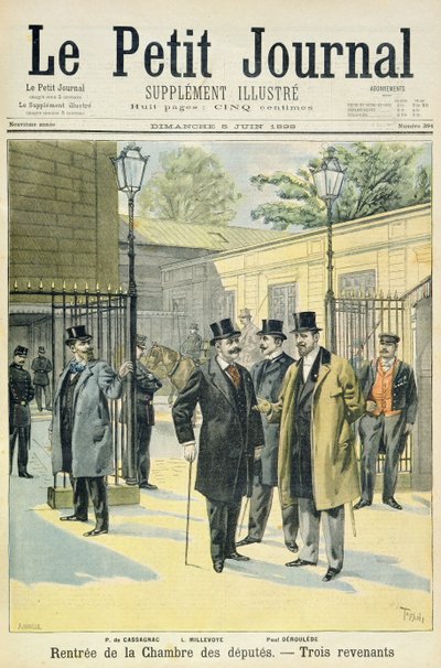 Titelseite, die die Wiedereröffnung des Abgeordnetenhauses mit Paul Granier de Cassagnac, Lucien Millevoye und Paul Deroulede darstellt, Illustration aus der illustrierten Beilage von Le Petit Journal von Oswaldo Tofani